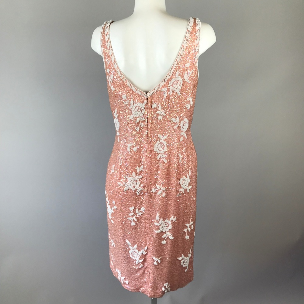 Vtg 50s Pink Sequin Beaded Wiggle Dress Rose L - Picture 6 of 7